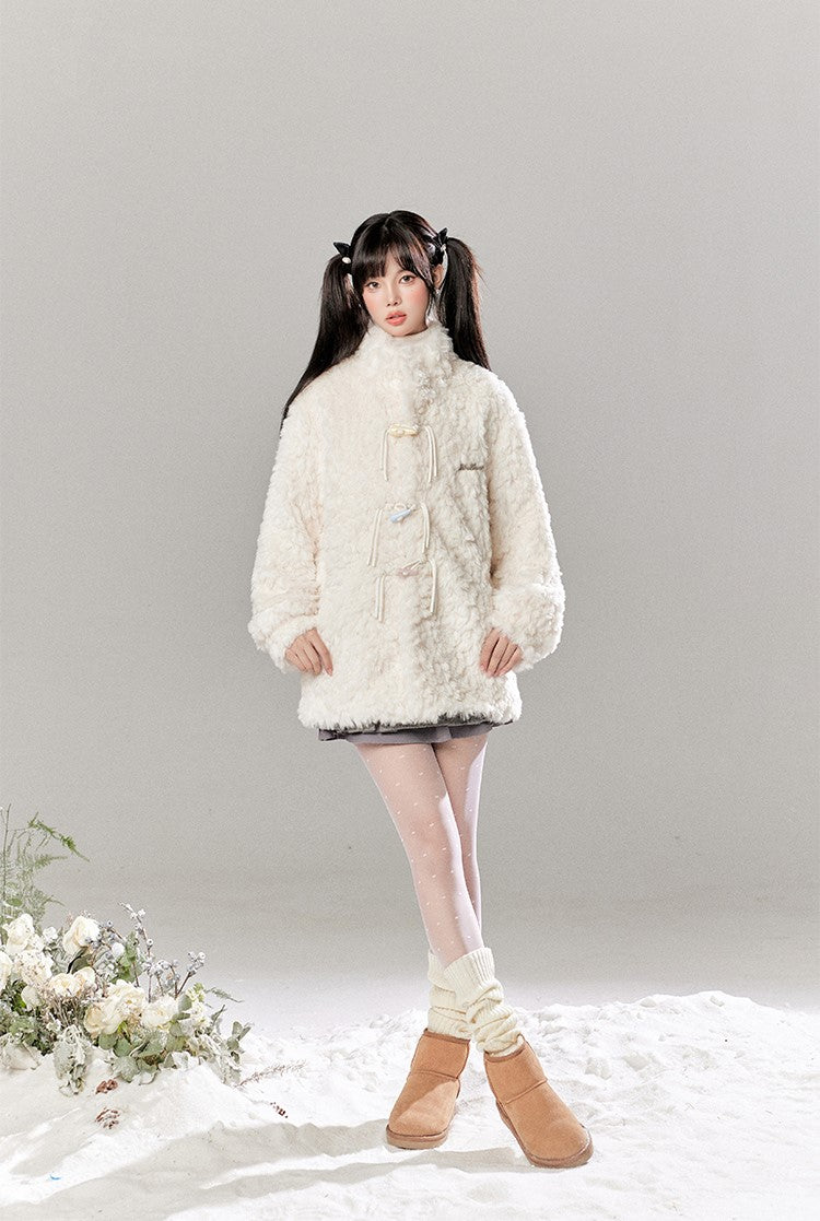 Colorful Horn Button Furry Lambswool Coat/Pleated Skirt TBI0043