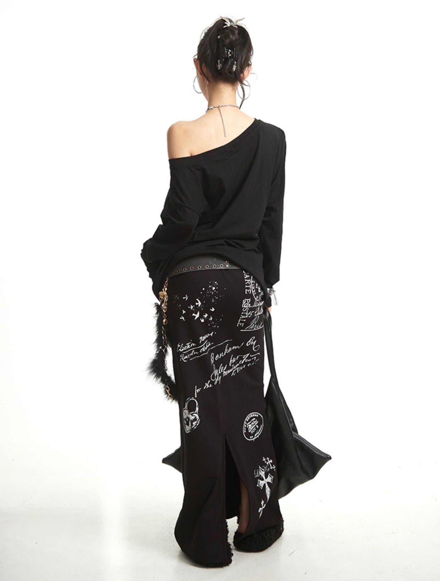 Cross Print Slit Straight Skirt UNC0270
