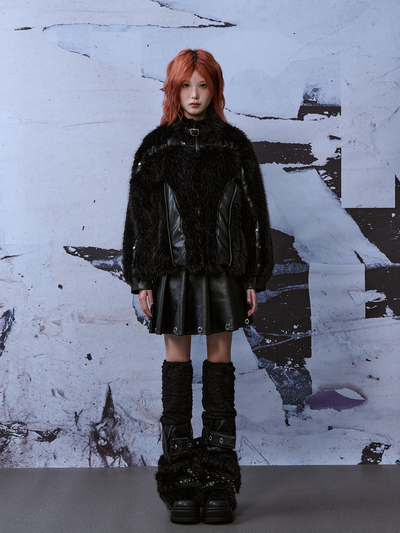 Patchwork Street Metal Punk Rivet Fur Jacket FRU0043