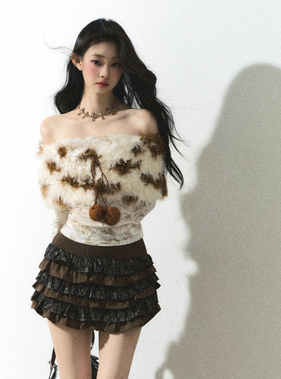 One Shoulder Long Sleeve Fur Tie-Dye Knitted Sweater DIA0250