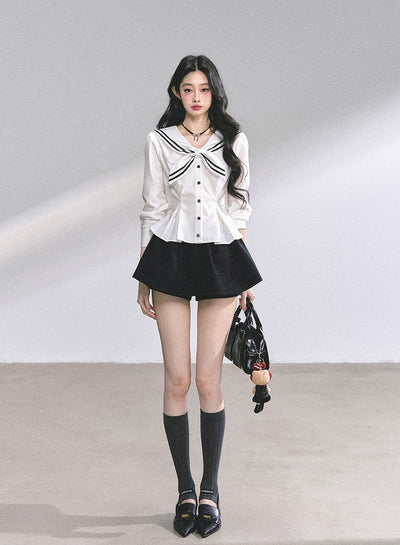 Lace Bow Navy Collar Shirt DIA0554