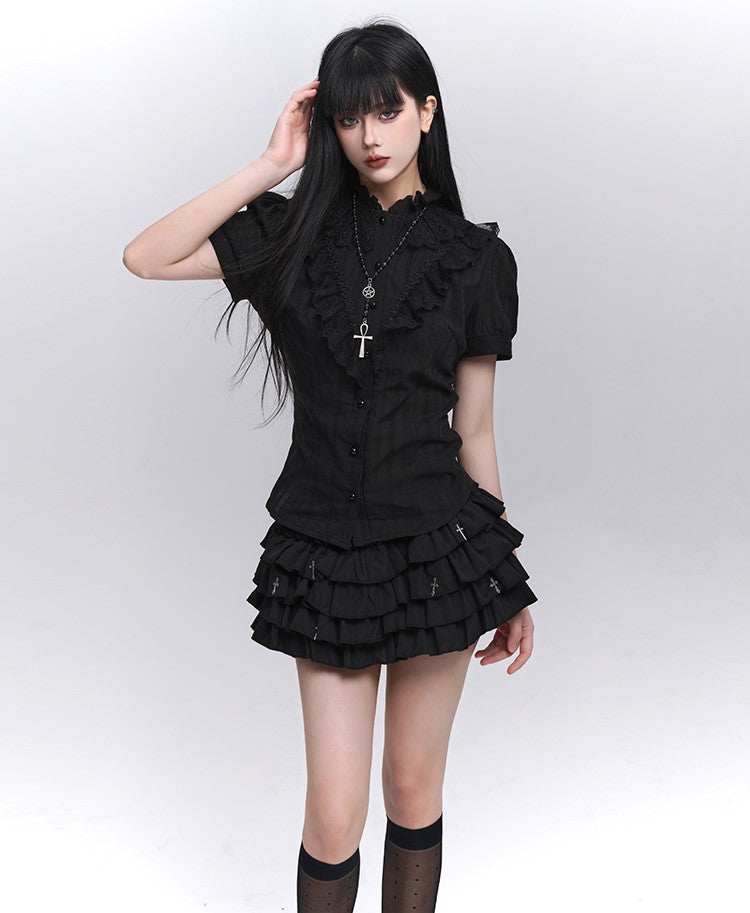 Black Short-sleeved Gothic Lace Shirt LAD0205