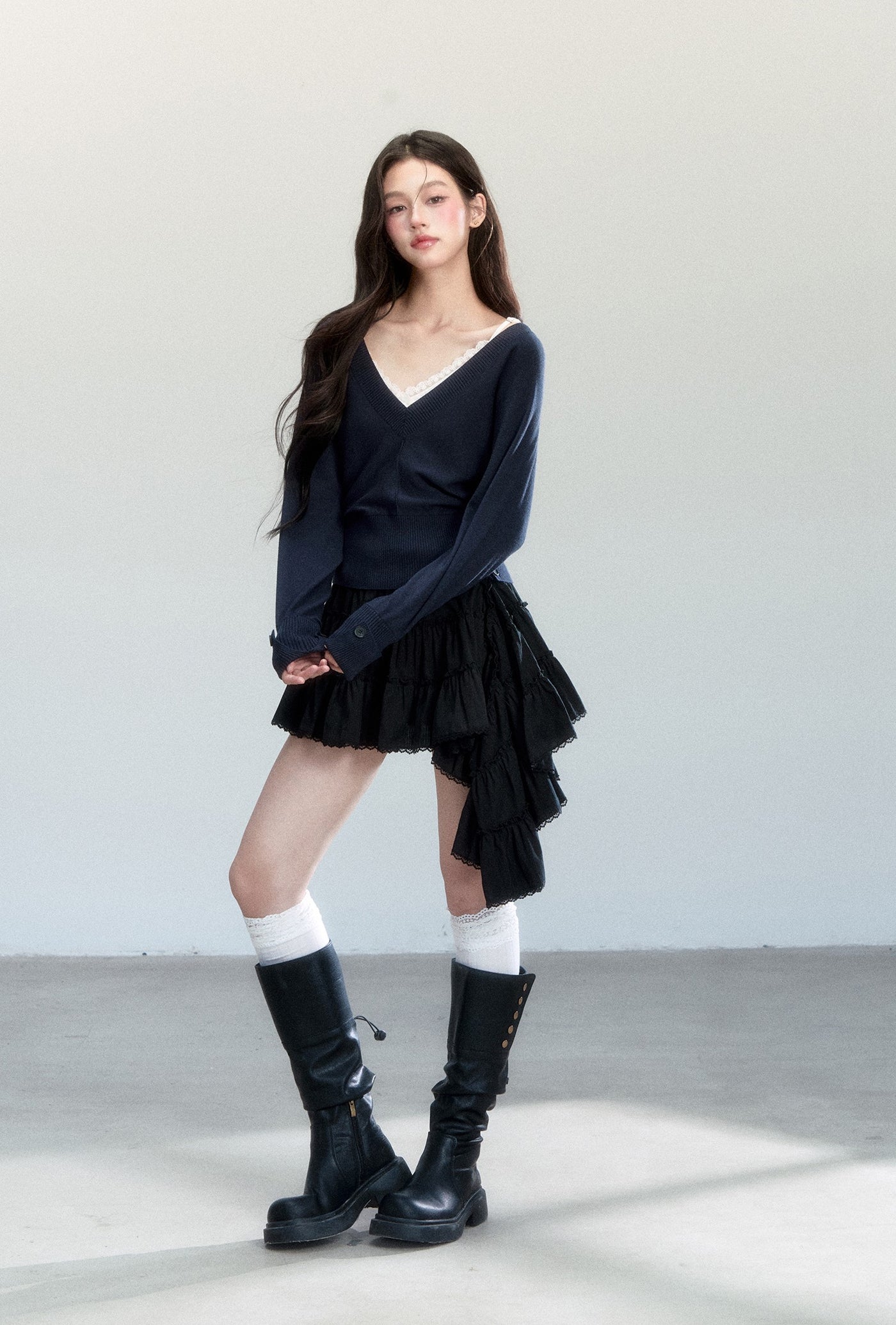 Batwing Sleeves V-Neck Sweater/Lace Camisole FRA0460