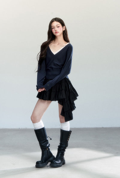 Batwing Sleeves V-Neck Sweater/Lace Camisole FRA0460