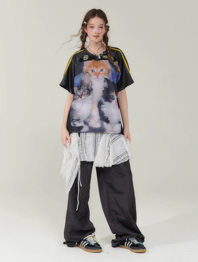 Cat Print Loose V-neck Quick-drying Short-sleeved T-shirt ZIZ0144