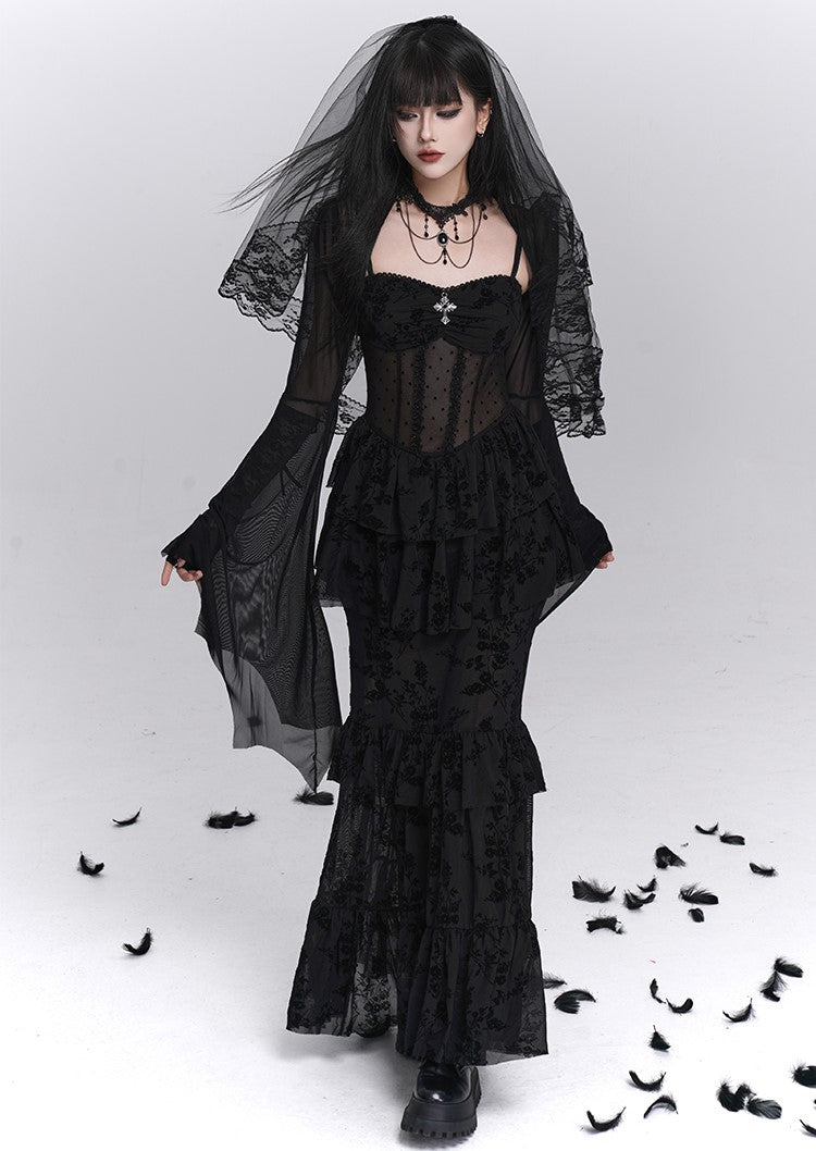 Black Fishtail Suspender Dress/Shawl LAD0242