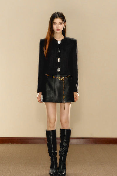 Suede Black Special-shaped Button Short Jacket OSH0073