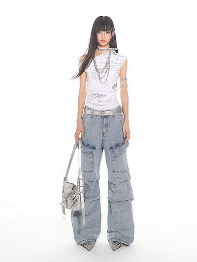 High-end Washed Blue Pleated Wide-leg Jeans UNC0116