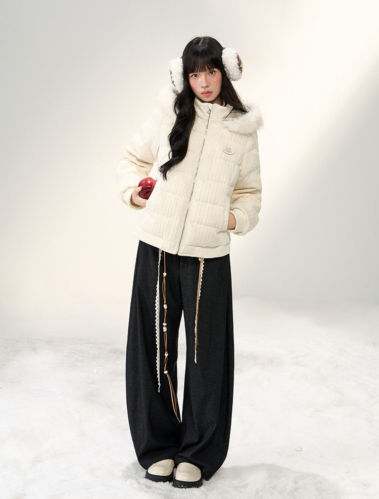 Cable Knit Patchwork Fur Collar Down Jacket NTO0249