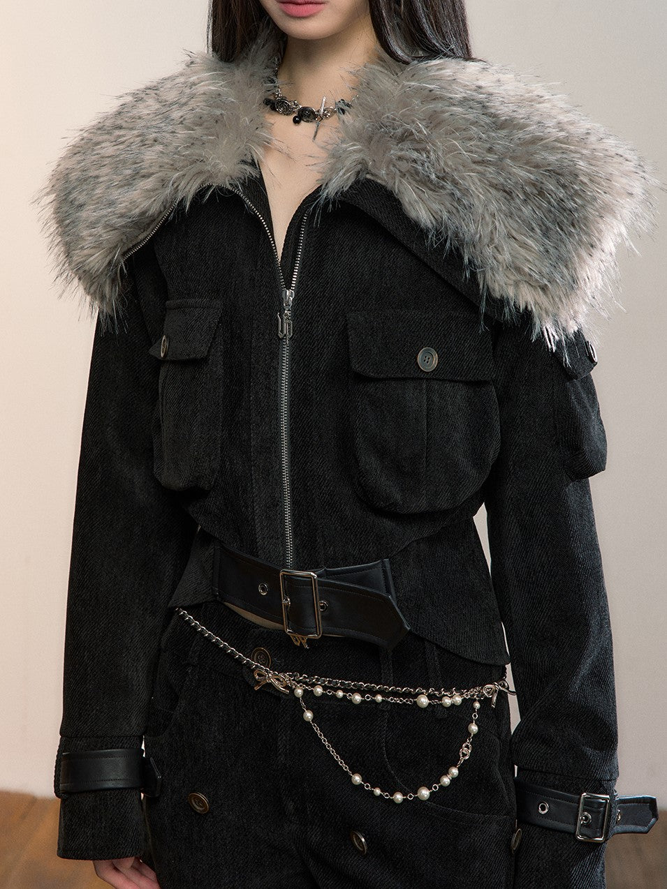 Leopard Print Large Fur Collar Jacket VIA0363