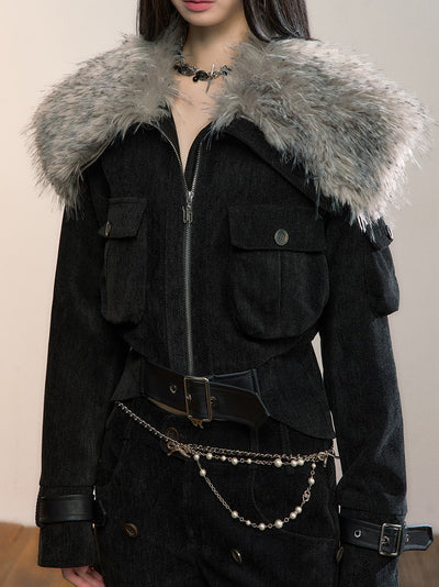 Leopard Print Large Fur Collar Jacket VIA0363