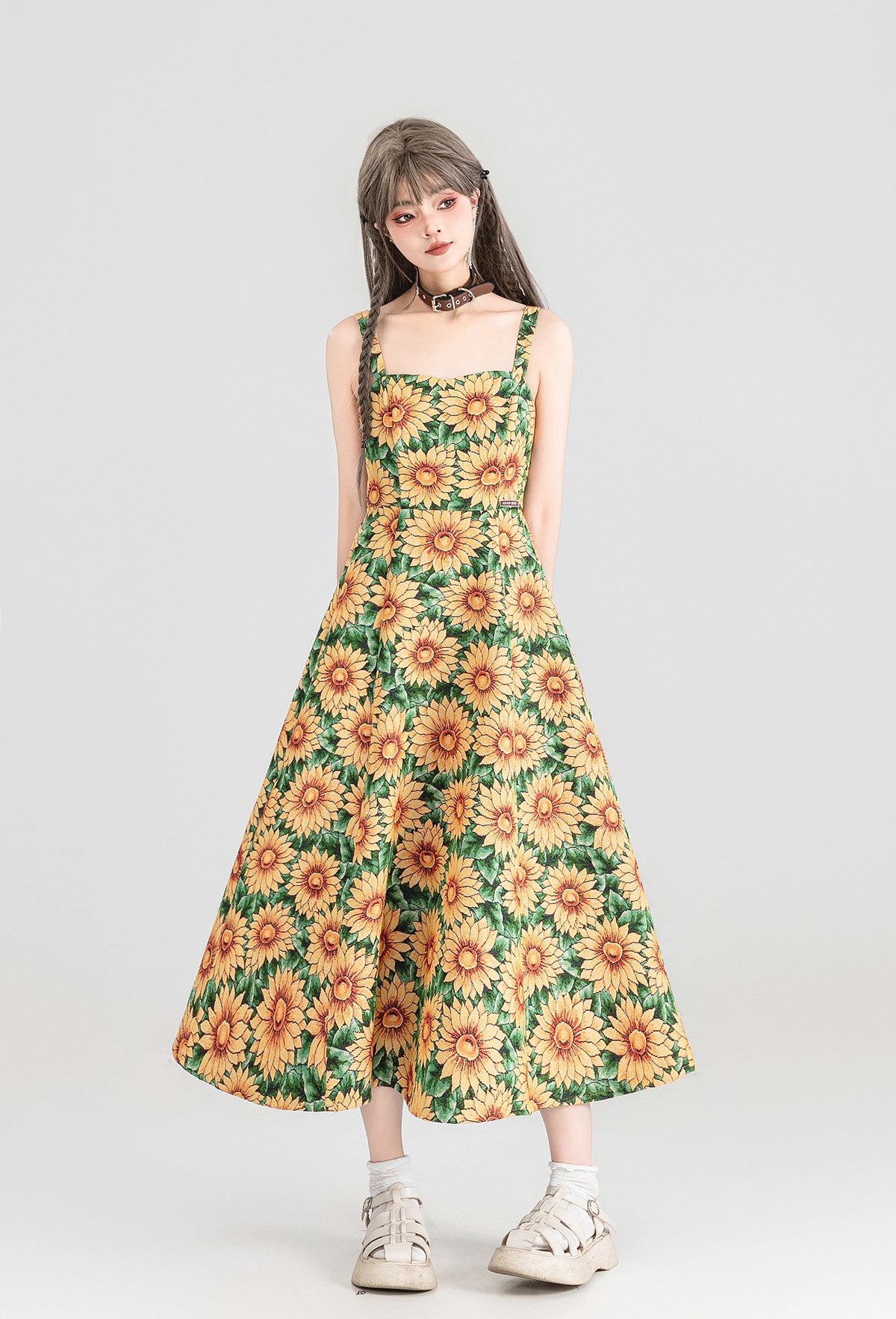 Sunflower Jacquard Floral Suspender Long Dress KEI0152