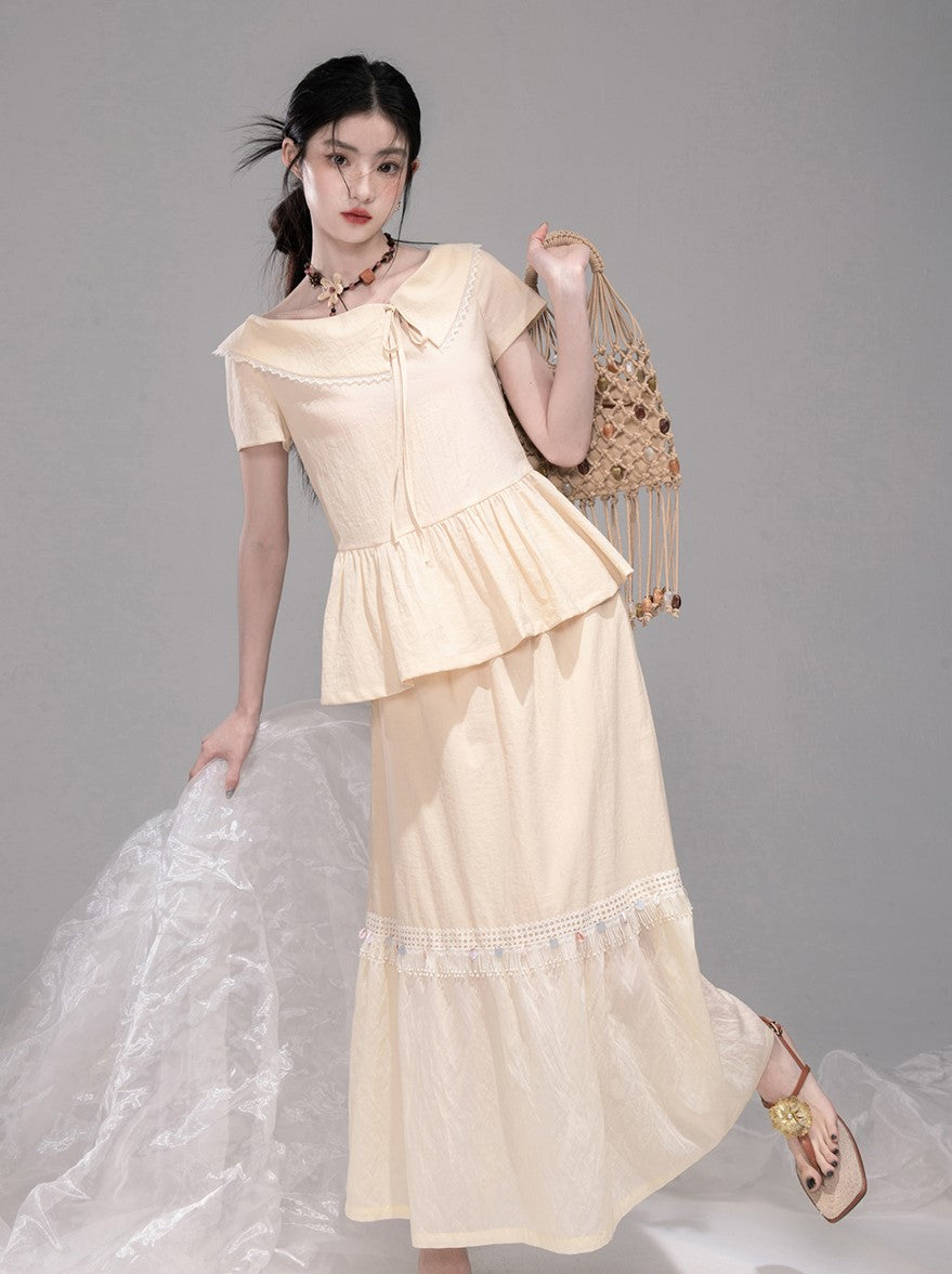 Cream Lapel Short Sleeve Top/Skirt COT0324