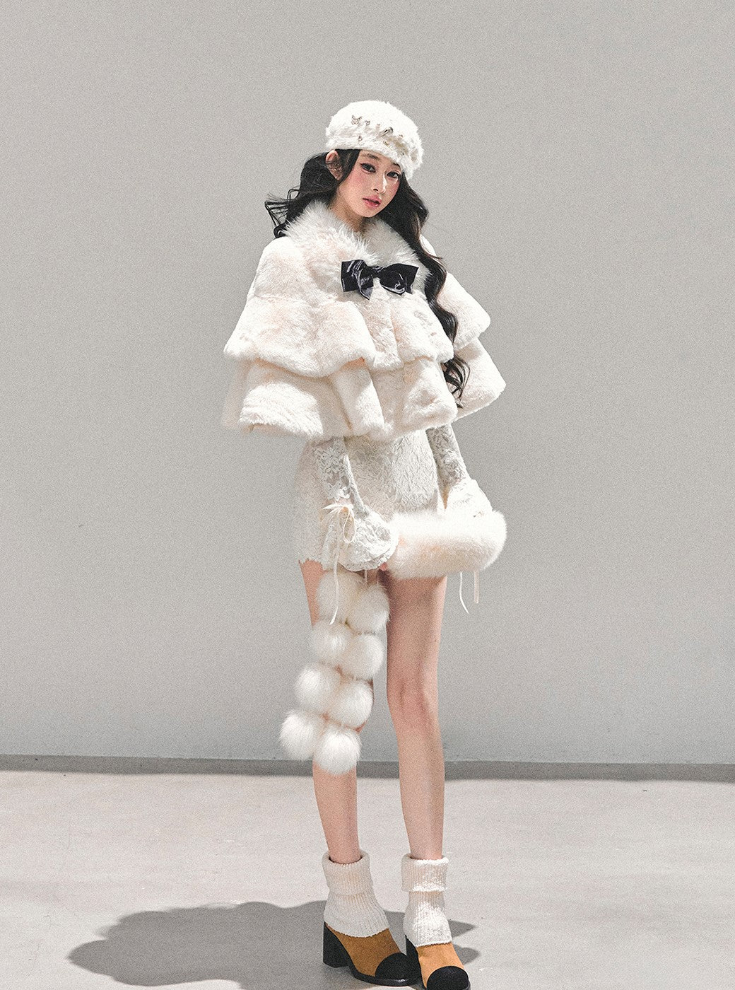 French-style Plush Ribbon Cape Coat DIA0674