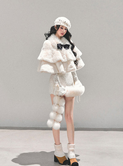 French-style Plush Ribbon Cape Coat DIA0674