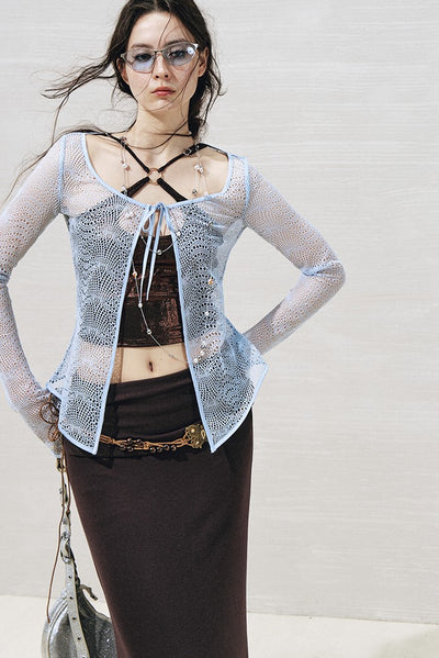 Lace Metallic Cross-strap Top+Cardigan OFA0270