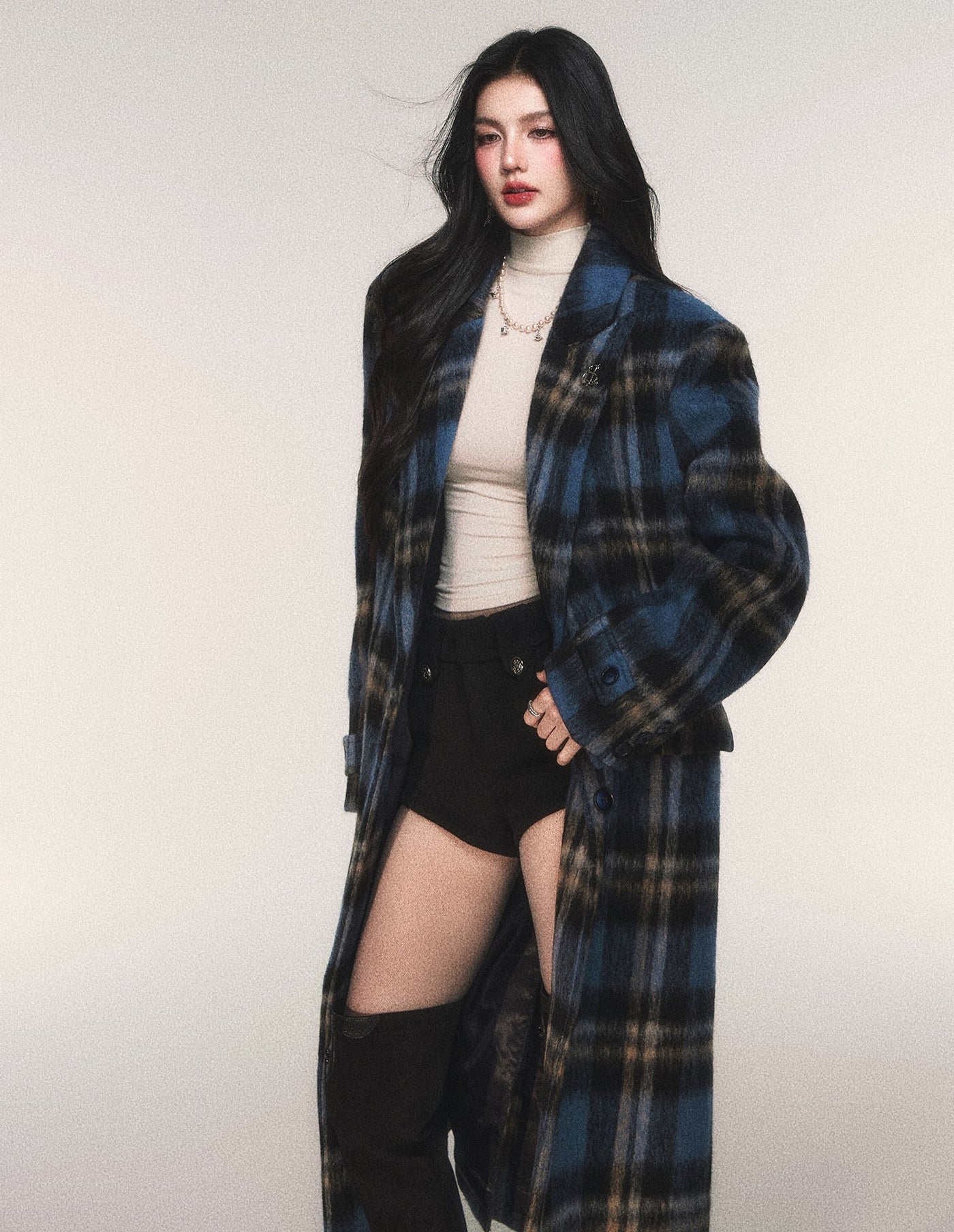 Blue Plaid Long Wool Coat LUL0215