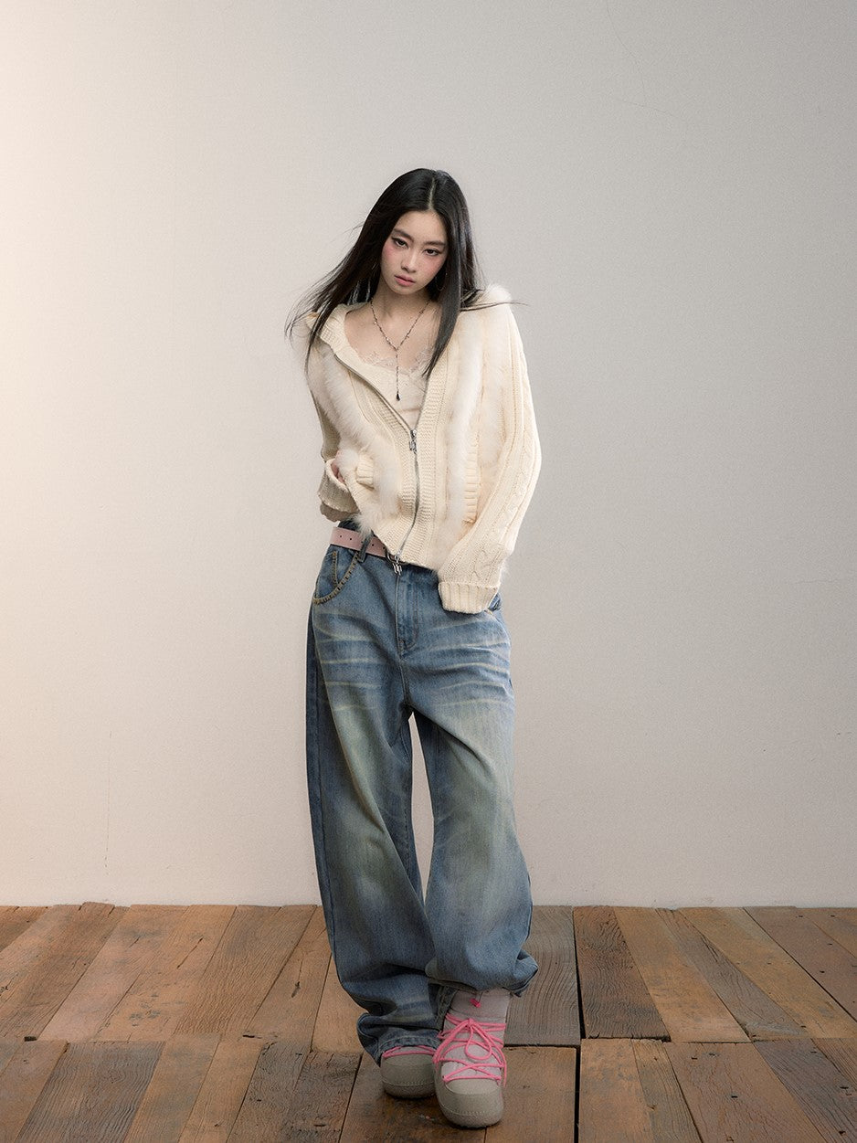 Fur Patchwork Knitted Hooded Cardigan VIA0356