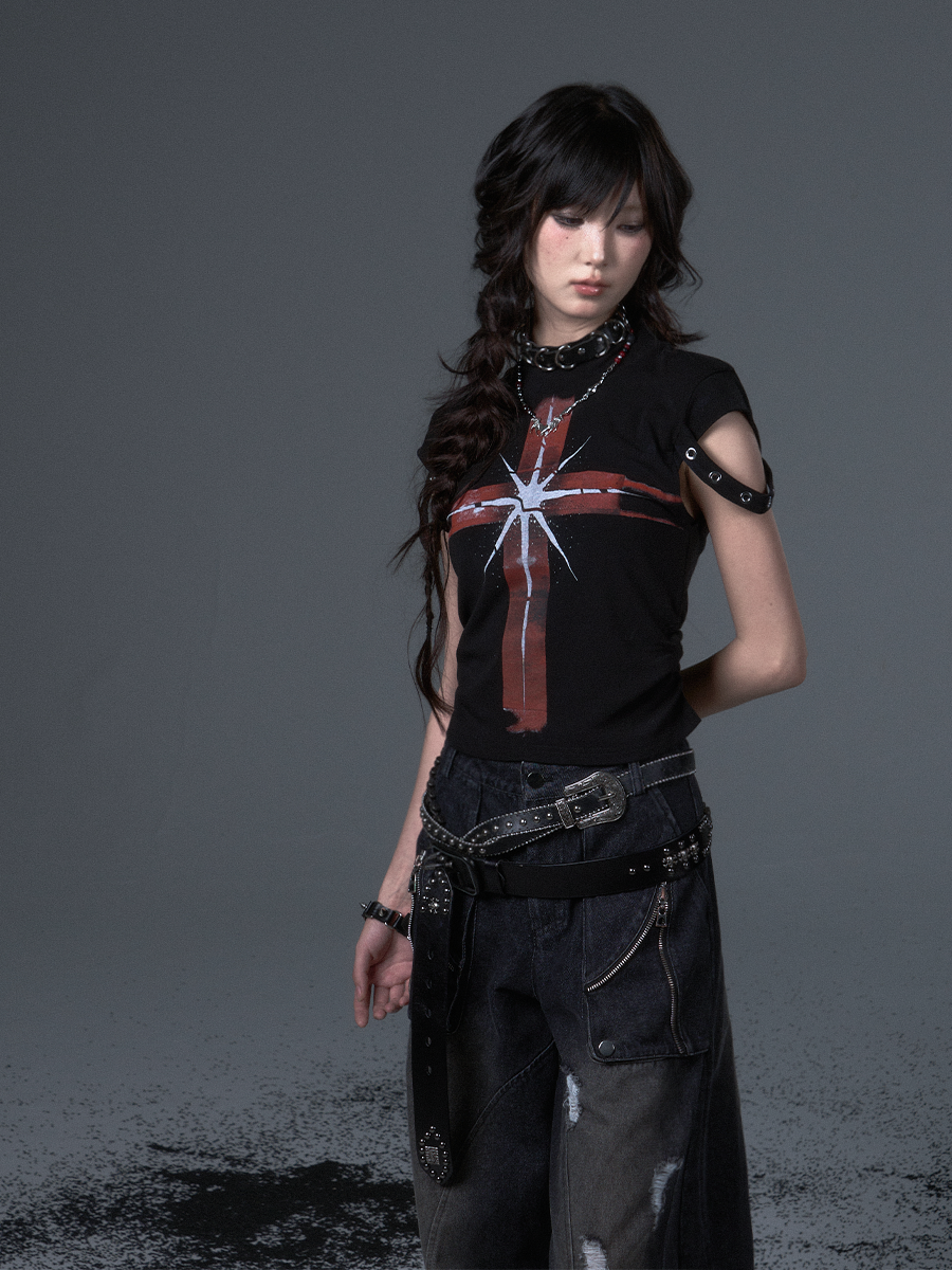 Punk Cross Print Short T-shirt FRU0105