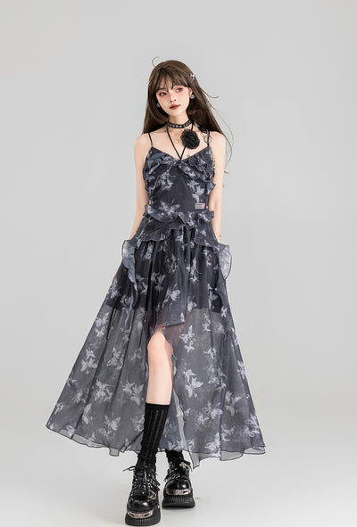 Butterfly Floral Sling Strap Backless Tulle Long Dress/Cardigan KEI0118