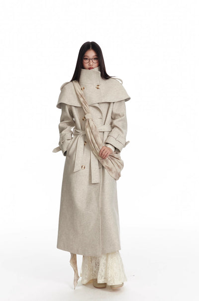 Oatmeal Color Detachable Shawl Cape/Woolen Long Coat 4MU0076