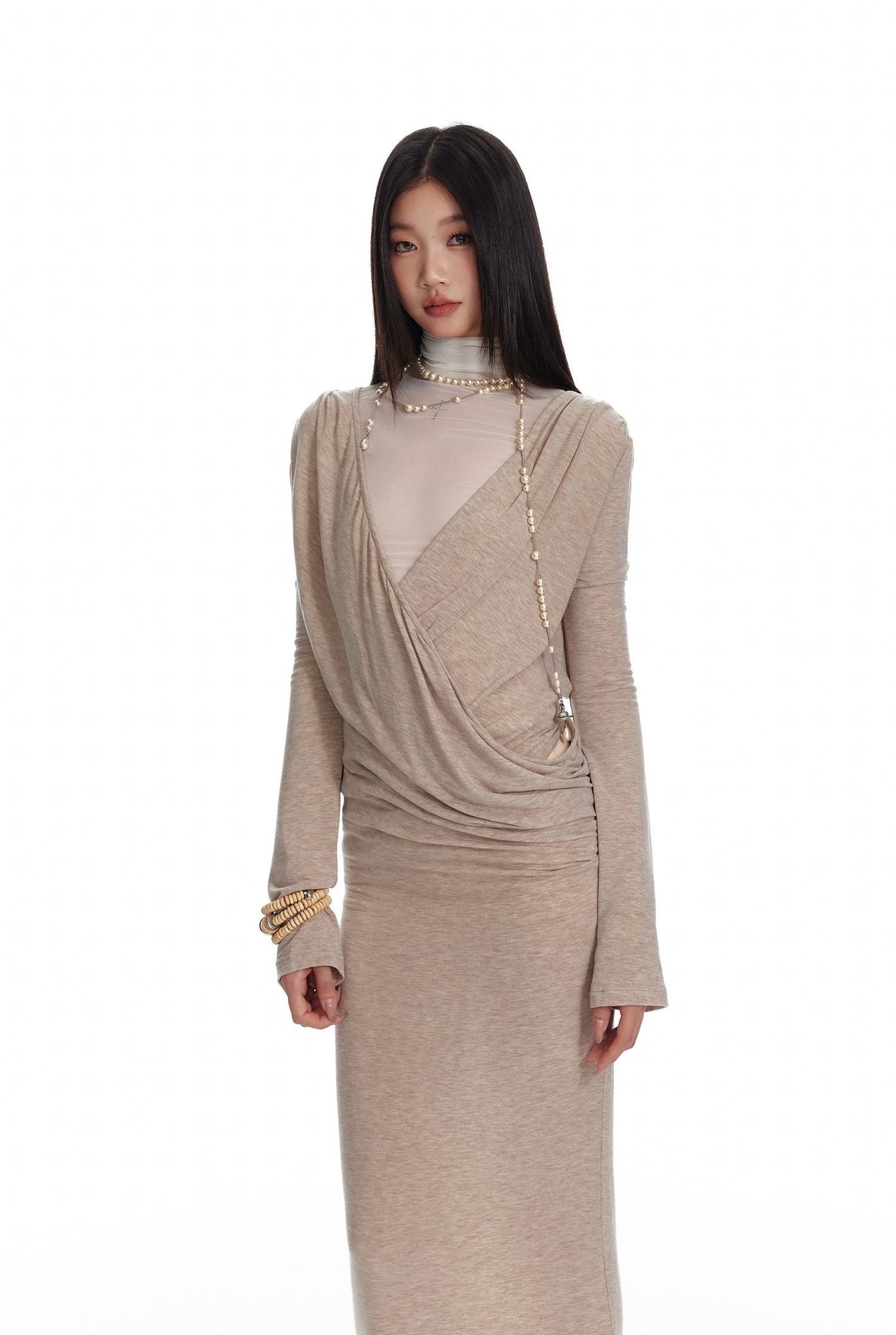 Greek style Asymmetric Drape Deep V-neck Knitted Dress/Mesh Top 4MU0079