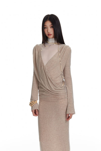 Greek style Asymmetric Drape Deep V-neck Knitted Dress/Mesh Top 4MU0079