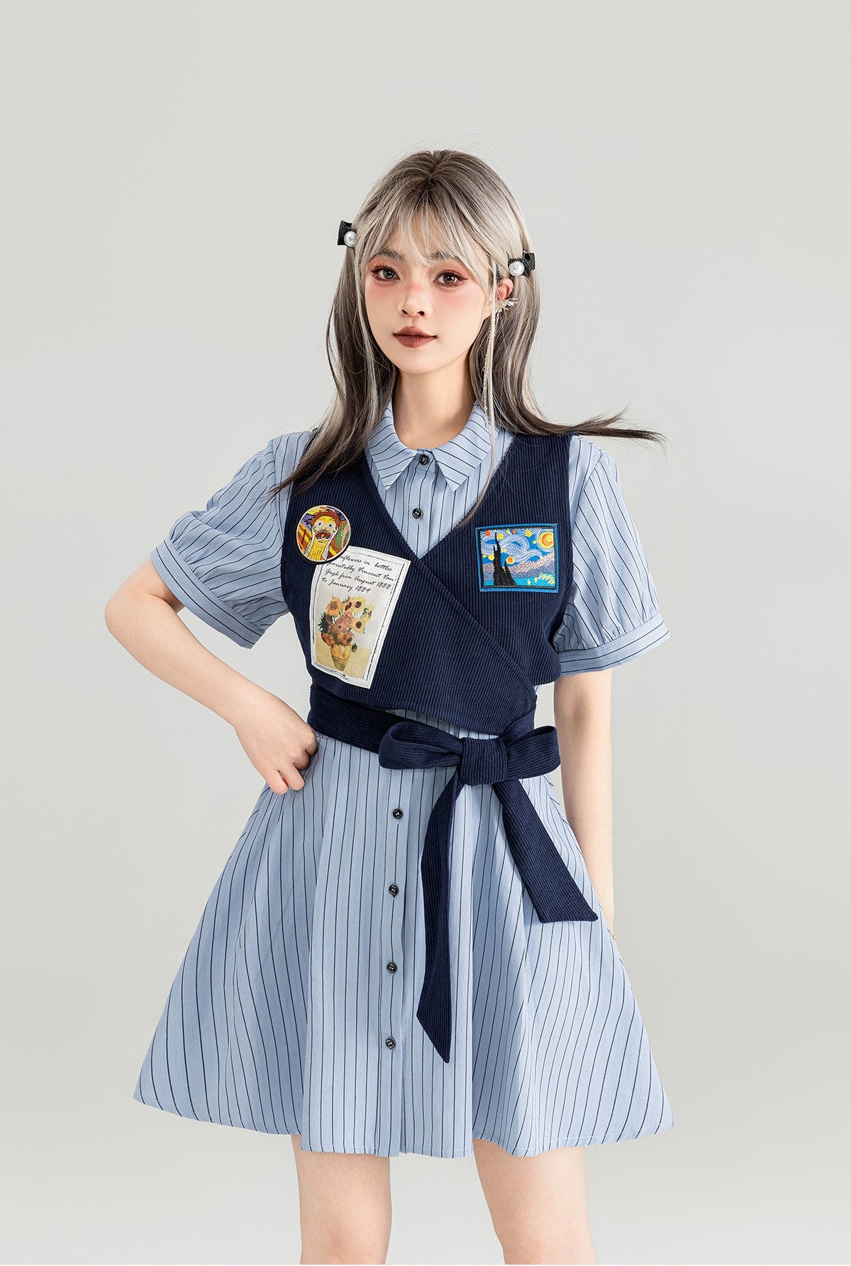 American College Fake Two-piece Striped Shirt Dress KEI0045