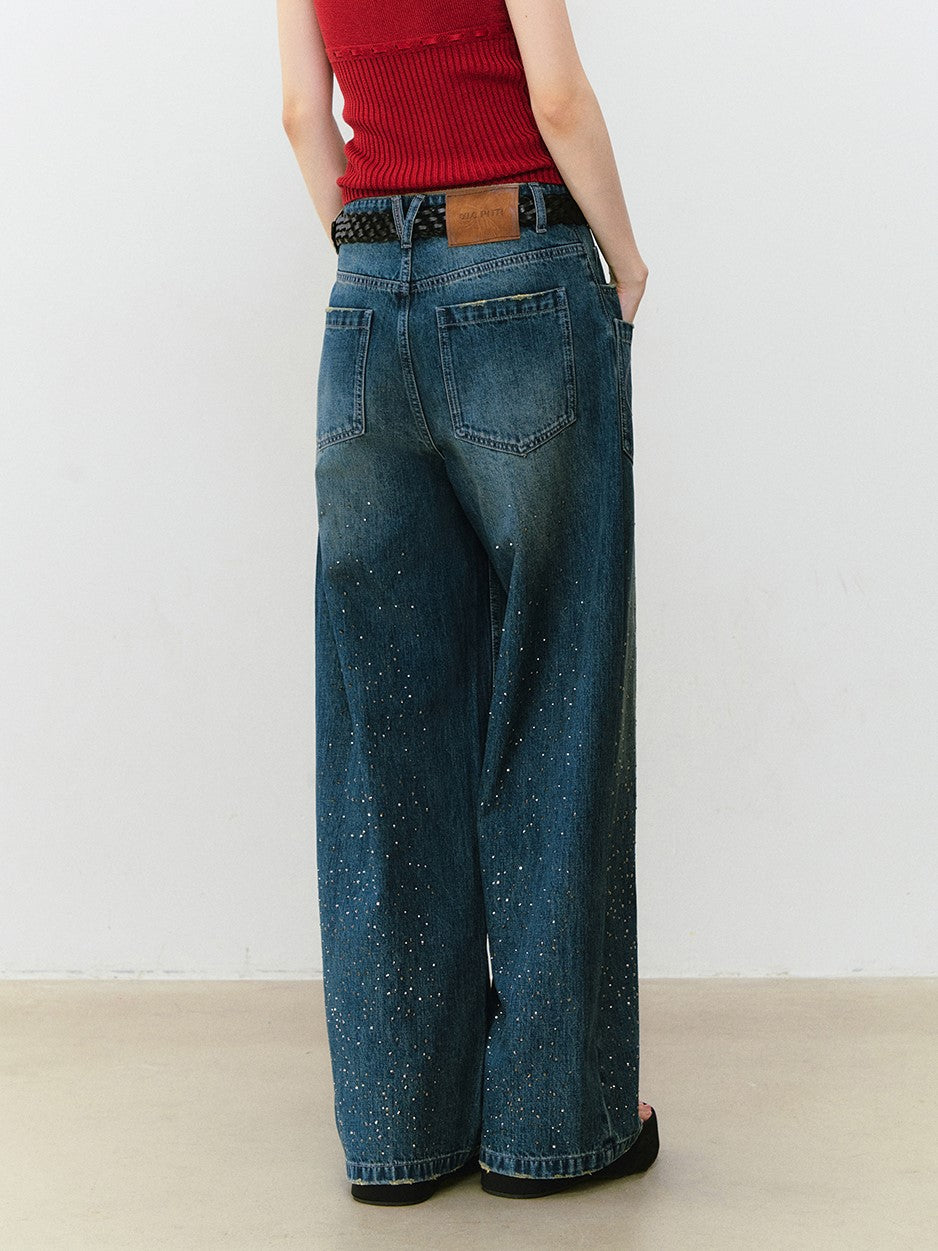 Rhinestone Wide-leg Denim Jeans VIA0328