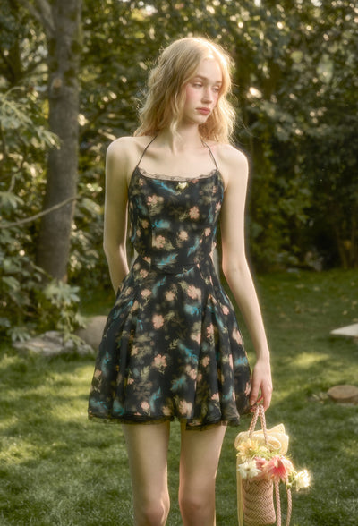 Lace Bowknot Black Printed Dress GRO0157