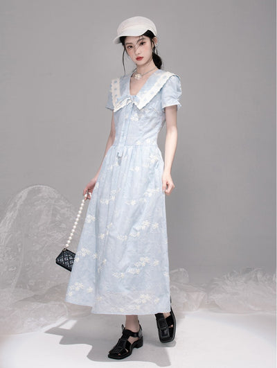Blue Lace Collar Short Sleeve Dress COT0320
