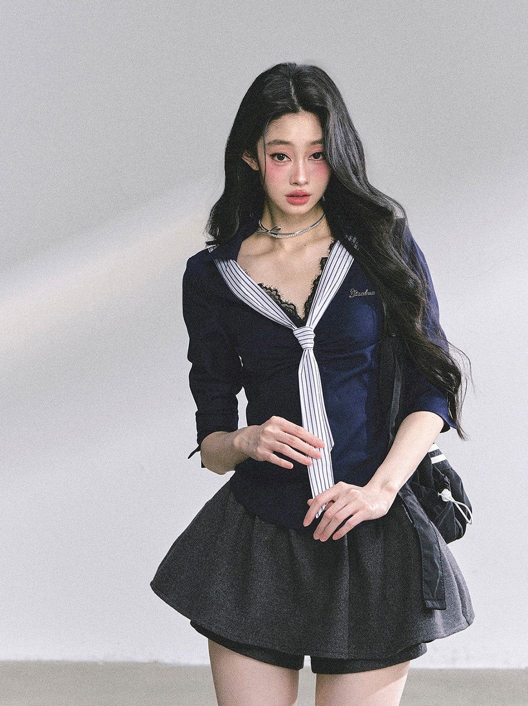 Lace Striped Slim Shirt DIA0572