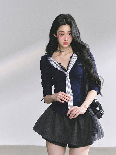 Lace Striped Slim Shirt DIA0572