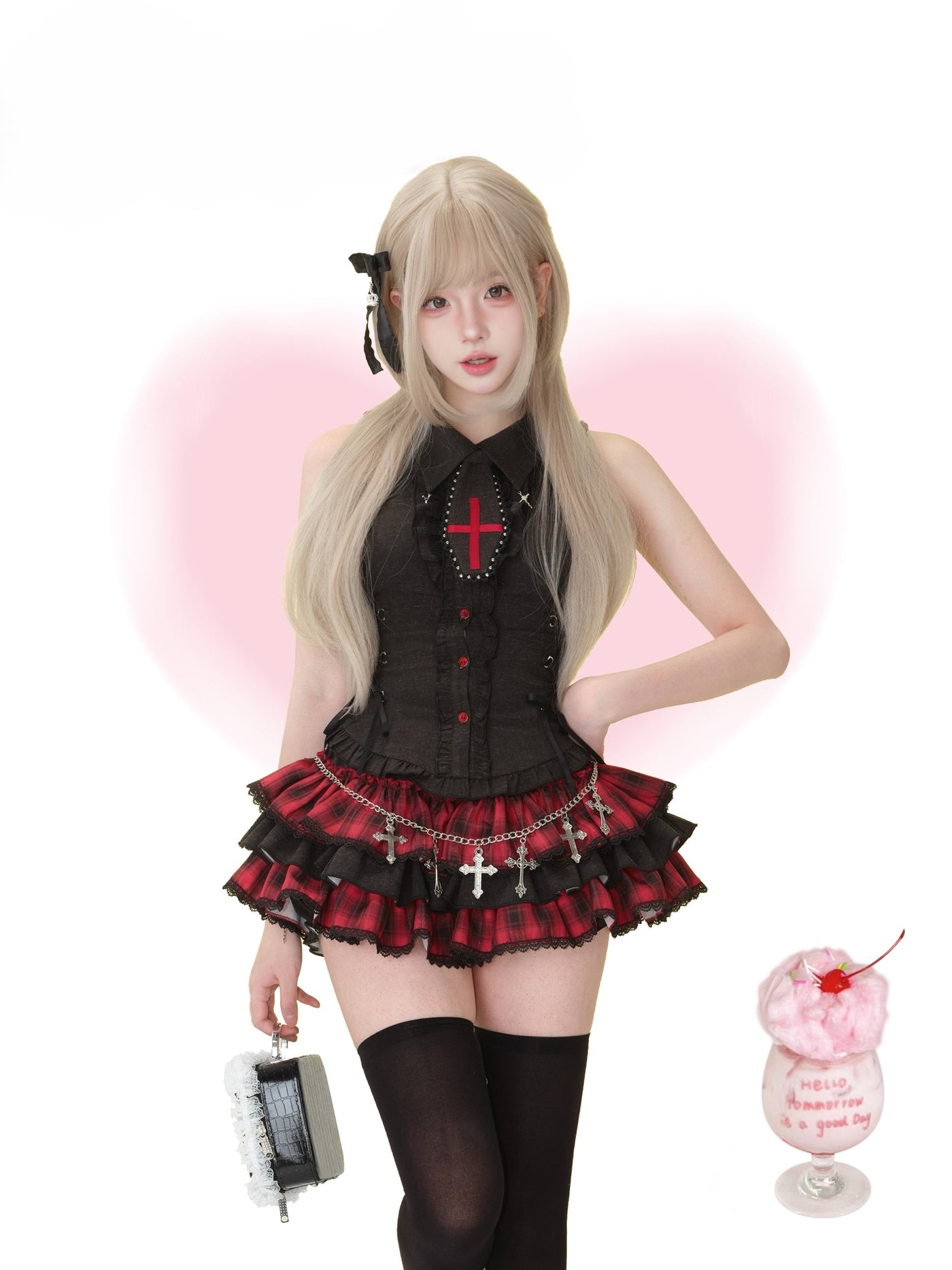 Bow Tie Sleeveless Top/Red Checkered Skirt SER0170