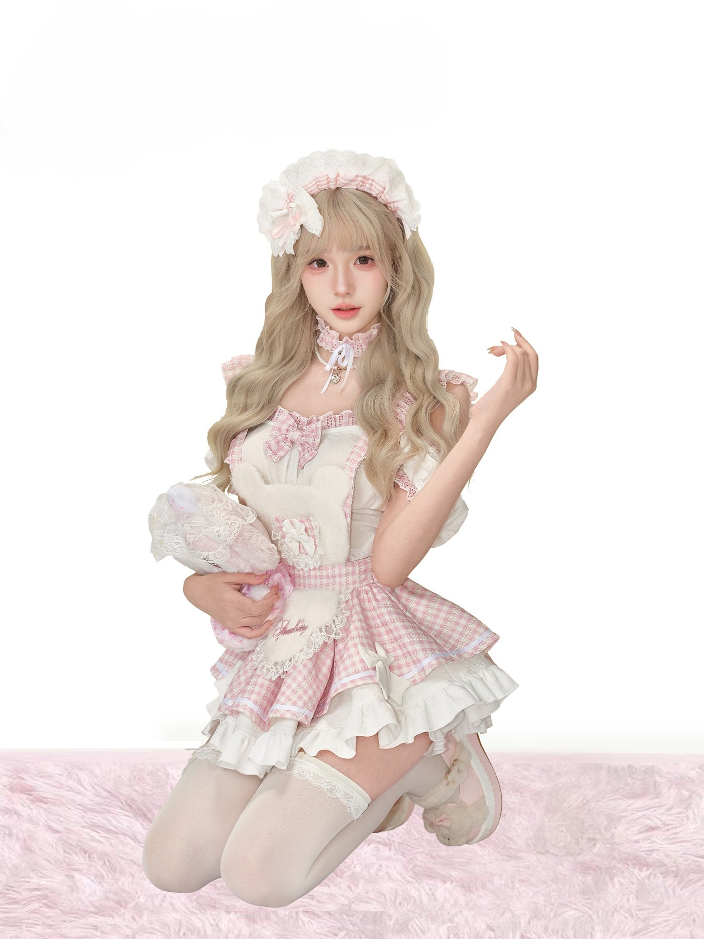 White Lace Top/Pink Plaid Suspender Dress SER0154