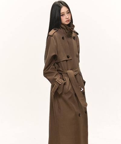 Brown Double-Breasted Long Trench Coat ANA0084