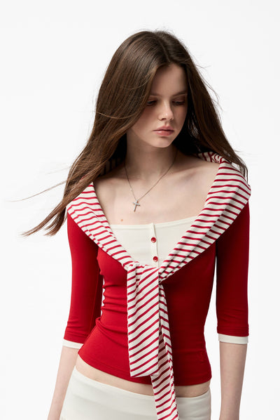 Striped Henley Collar Faux Two-Piece T-shirt 4MU0152