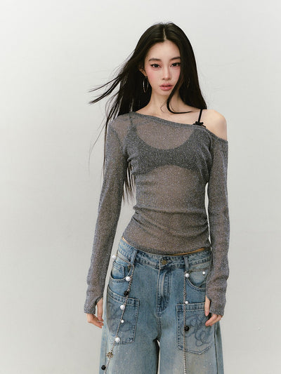 Diamond One Shoulder Long-sleeved T-shirt VIA0340