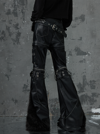 Punk Detachable Splicing Furry Flared Leather Pants FRU0050