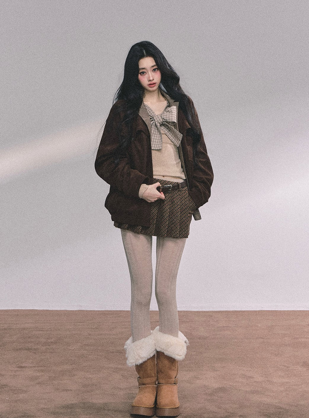 Fake Two-piece Bow Plaid Knit DIA0612