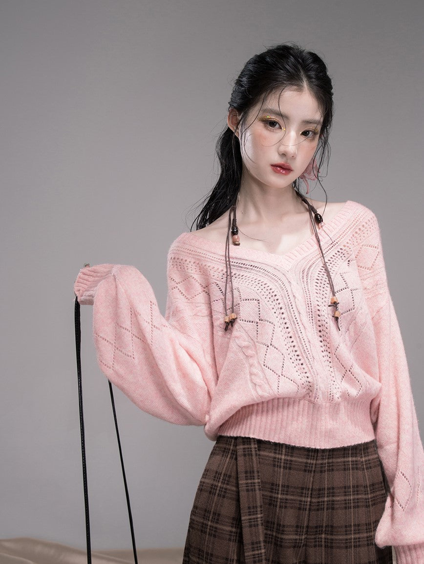 Pink Hollow V-neck Knit+Halter Neck Top COT0345