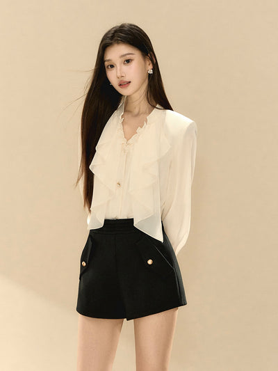 White V-neck Ruffle Shirt OSH0135