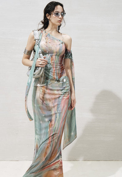 Ribbon Off-shoulder Asymmetric Top+Skirt OFA0268