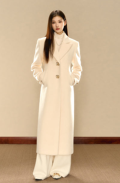 Milky White Simple Waist Long Wool Coat OSH0089