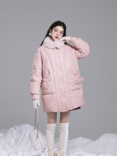 Rose Pink National Standard Leather Down Jacket COT0185