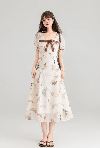 Butterfly Floral Neck Pleated Waist Slimming Long Dress KEI0111