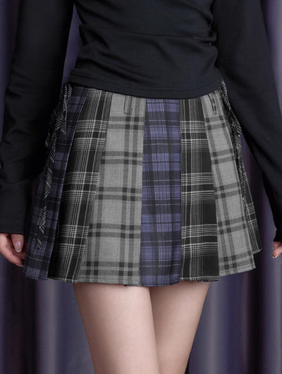 Blauw Grijs Zwart Plaid Hoge Taille Geplooide Rok SAG0195