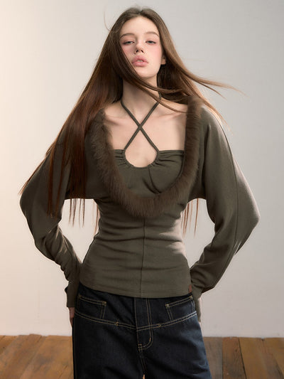 Faux Two-piece Fur Collar T-shirt VIA0359