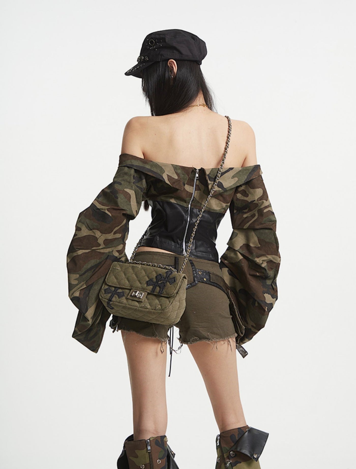 Camouflage One-shoulder Leather Top UNC0254
