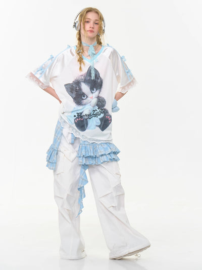 Lace Hem Cat V-neck T-shirt ZIZ0269
